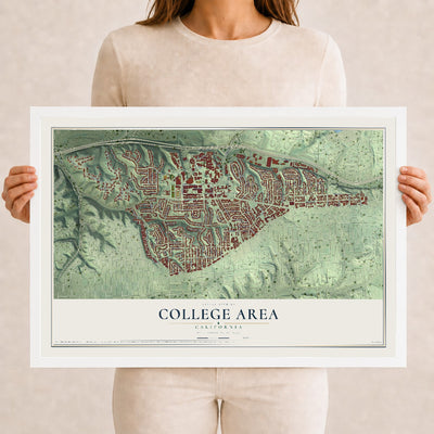 Map of College Area, California, 12 x 18 inch print in a white wood frame