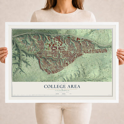 Map of College Area, California, 18 x 24 inch print in a white wood frame