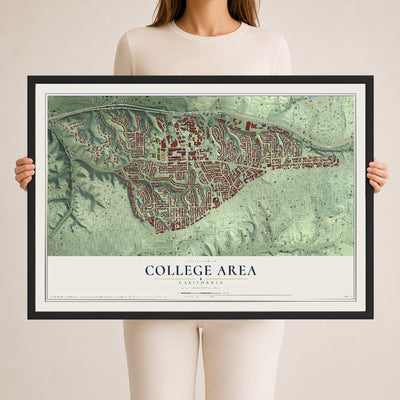 Map of College Area, California, 24 x 36 inch print in a black wood frame