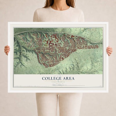 Map of College Area, California, 24 x 36 inch print in a white wood frame