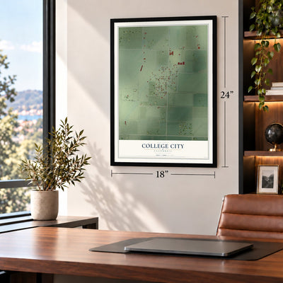 College City, California map, 18 x 24 inch print in a black frame in a home office