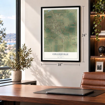 Collierville, California map, 18 x 24 inch print in a black frame in a home office