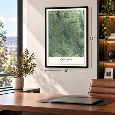 Coloma, California map, 18 x 24 inch print in a black frame in a home office