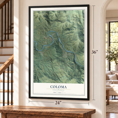 Coloma, California map, 24 x 36 inch print in a black frame by a staircase
