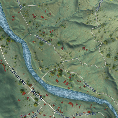 Close-up of the map of Coloma, California print showing street and building detail