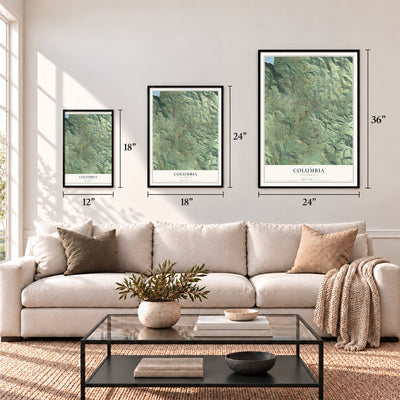 Columbia, California map in 12 x 18, 18 x 24 and 24 x 36 inch sizes above a sofa
