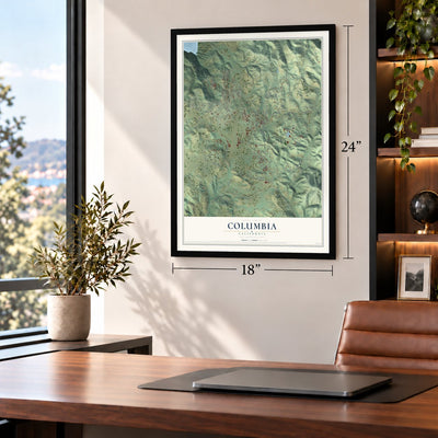 Columbia, California map, 18 x 24 inch print in a black frame in a home office