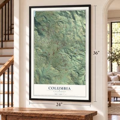 Columbia, California map, 24 x 36 inch print in a black frame by a staircase