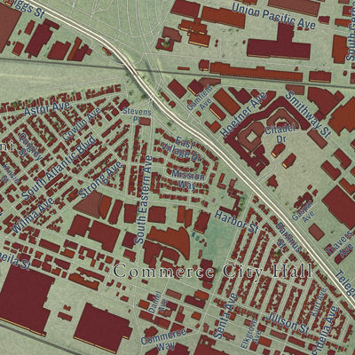 Close-up of the map of Commerce, California print showing street and building detail
