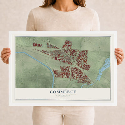 Map of Commerce, California, 12 x 18 inch print in a white wood frame