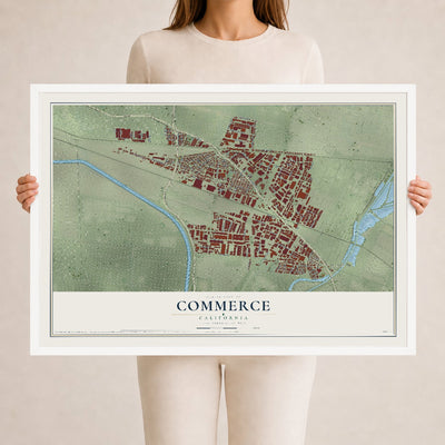 Map of Commerce, California, 24 x 36 inch print in a white wood frame