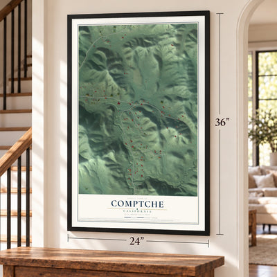Comptche, California map, 24 x 36 inch print in a black frame by a staircase