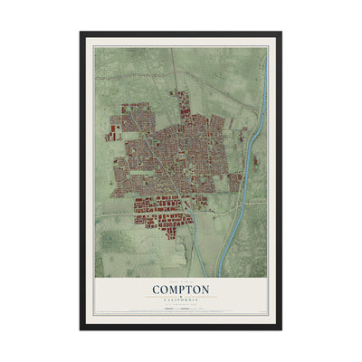 Map of Compton, California, 12 x 18 inch print in a black wood frame