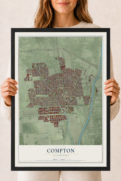 Map of Compton, California, 18 x 24 inch print in a black wood frame
