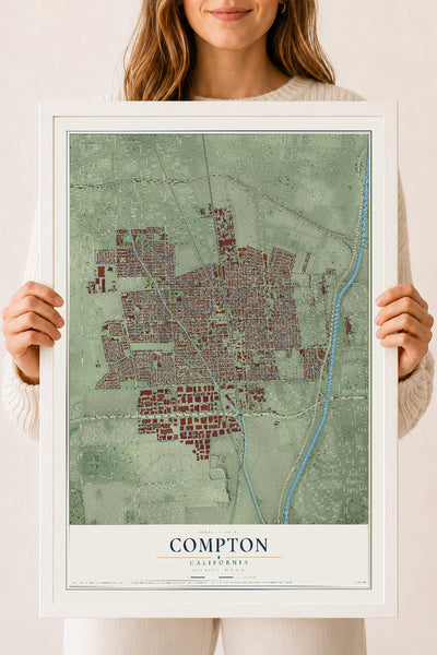 Map of Compton, California, 18 x 24 inch print in a white wood frame