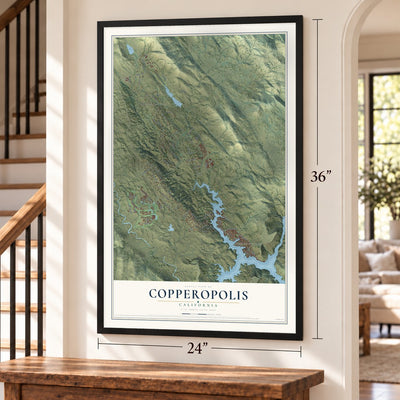 Copperopolis, California map, 24 x 36 inch print in a black frame by a staircase