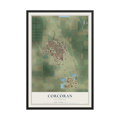 Map of Corcoran, California, 12 x 18 inch print in a black wood frame