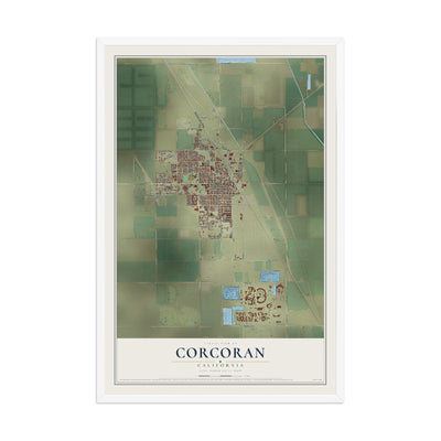 Map of Corcoran, California, 12 x 18 inch print in a white wood frame