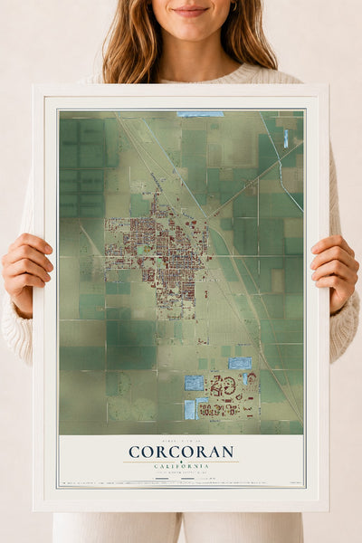 Map of Corcoran, California, 18 x 24 inch print in a white wood frame