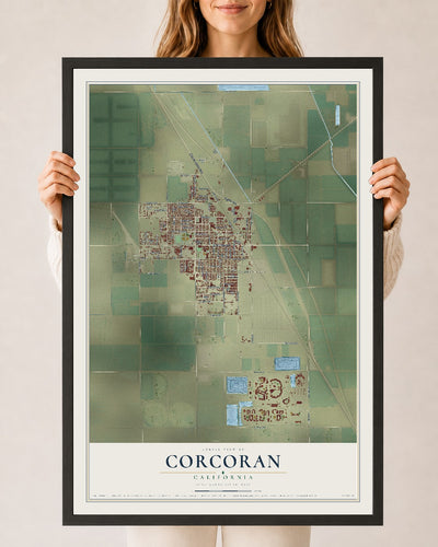 Map of Corcoran, California, 24 x 36 inch print in a black wood frame