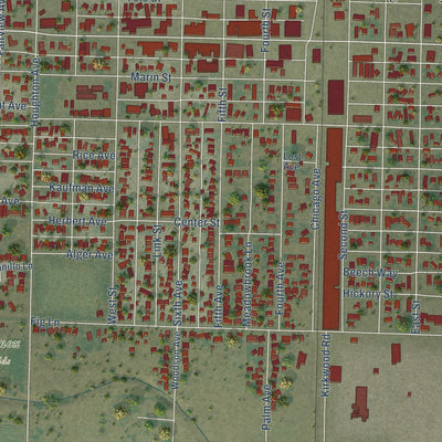 Close-up of the map of Corning, California print showing street and building detail