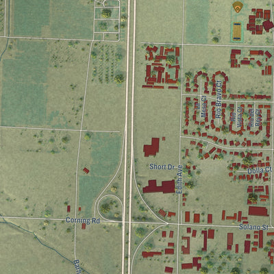 Second close-up of the map of Corning, California print showing more streets and buildings