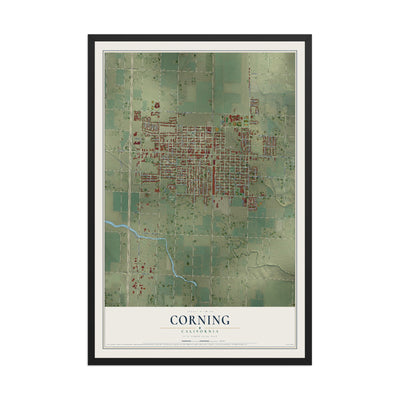 Map of Corning, California, 12 x 18 inch print in a black wood frame