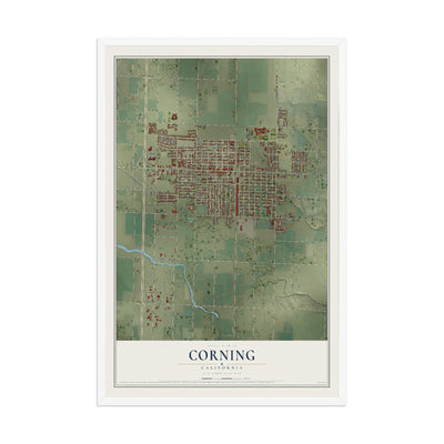 Map of Corning, California, 12 x 18 inch print in a white wood frame