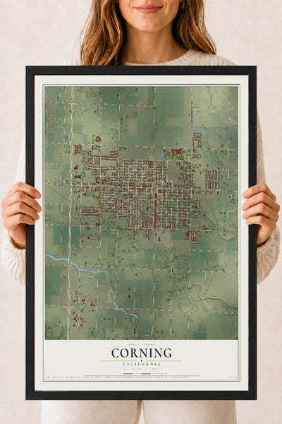 Map of Corning, California, 18 x 24 inch print in a black wood frame