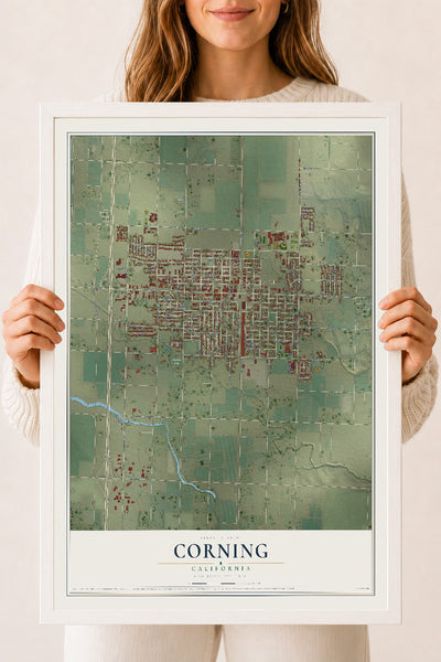 Map of Corning, California, 18 x 24 inch print in a white wood frame