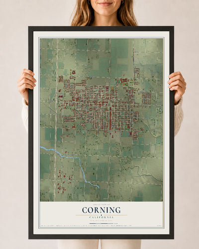 Map of Corning, California, 24 x 36 inch print in a black wood frame