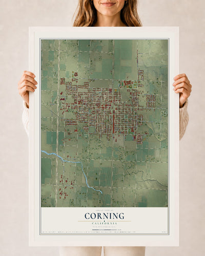 Map of Corning, California, 24 x 36 inch print in a white wood frame
