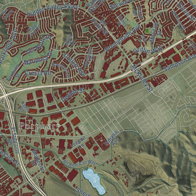 Second close-up of the map of Corona, California print showing more streets and buildings