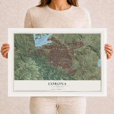 Map of Corona, California, 12 x 18 inch print in a white wood frame