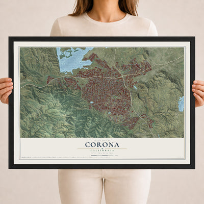 Map of Corona, California, 18 x 24 inch print in a black wood frame