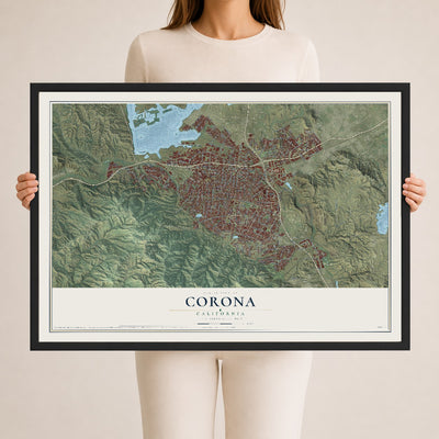 Map of Corona, California, 24 x 36 inch print in a black wood frame