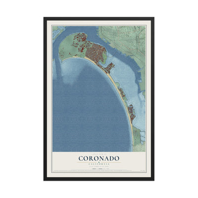 Map of Coronado, California, 12 x 18 inch print in a black wood frame