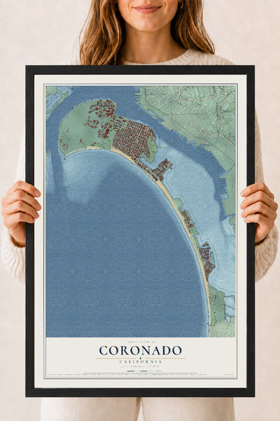 Map of Coronado, California, 18 x 24 inch print in a black wood frame