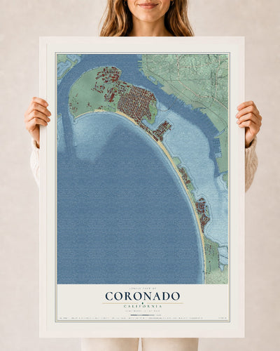 Map of Coronado, California, 24 x 36 inch print in a white wood frame