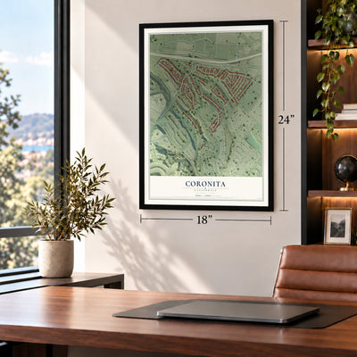 Coronita, California map, 18 x 24 inch print in a black frame in a home office