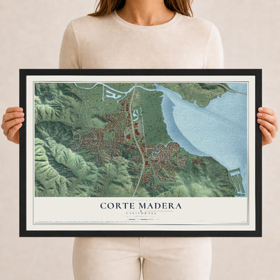 Map of Corte Madera, California, 12 x 18 inch print in a black wood frame