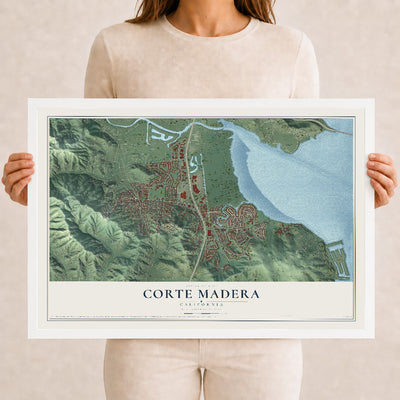Map of Corte Madera, California, 12 x 18 inch print in a white wood frame