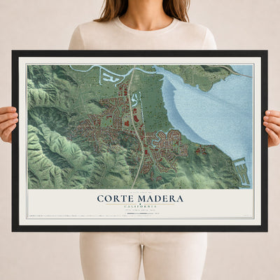 Map of Corte Madera, California, 18 x 24 inch print in a black wood frame