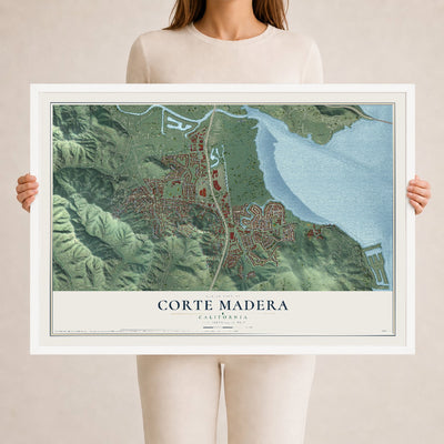 Map of Corte Madera, California, 24 x 36 inch print in a white wood frame