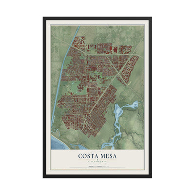 Map of Costa Mesa, California, 12 x 18 inch print in a black wood frame