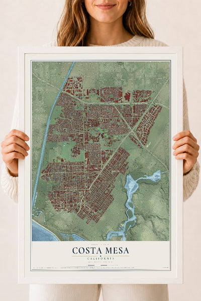 Map of Costa Mesa, California, 18 x 24 inch print in a white wood frame