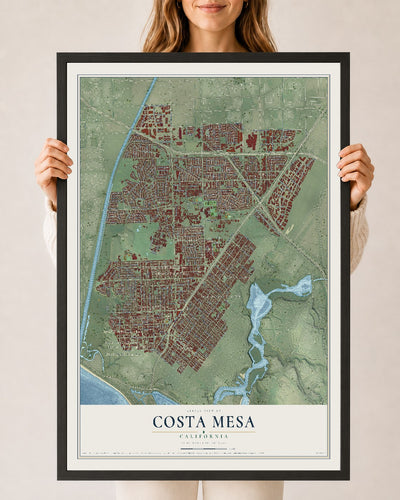 Map of Costa Mesa, California, 24 x 36 inch print in a black wood frame