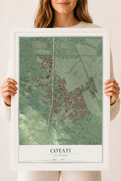 Map of Cotati, California, 18 x 24 inch print in a white wood frame
