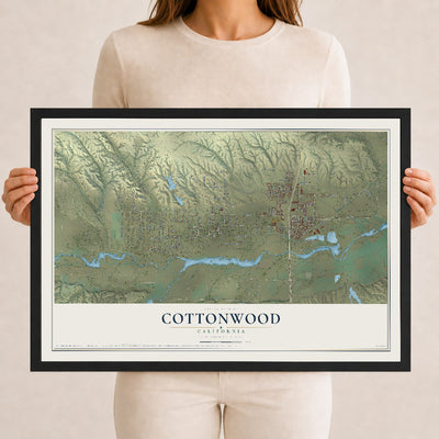 Map of Cottonwood, California, 12 x 18 inch print in a black wood frame