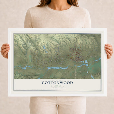 Map of Cottonwood, California, 12 x 18 inch print in a white wood frame